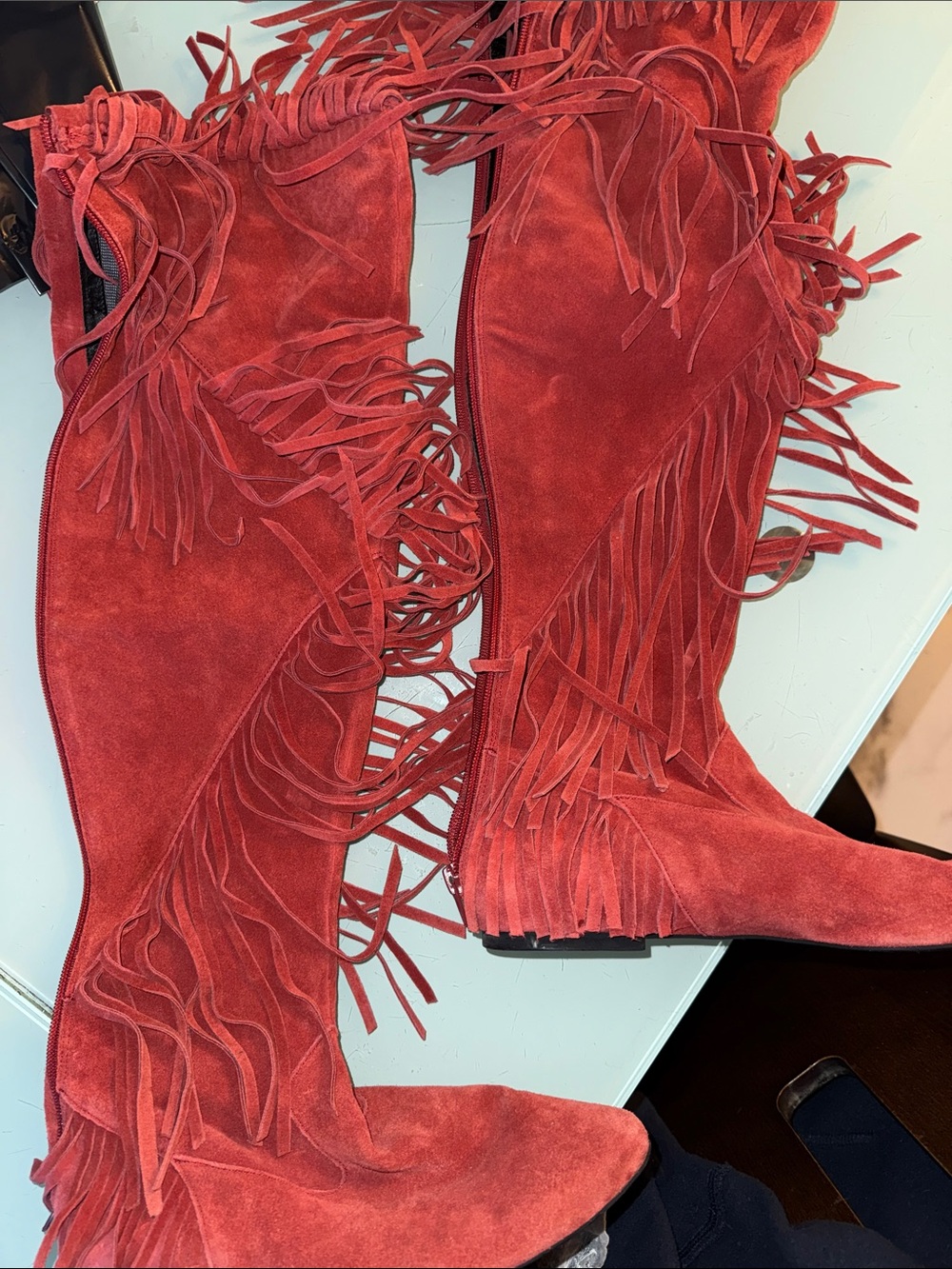 Sam Edelman Red Suede Over-the-Knee Fringe Boots